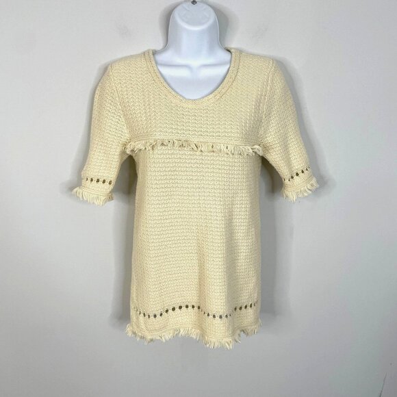 Two Bees Cashmere Womens Sweater M Ivory FRINGE Half Sleeve SOFT Cotton Blend - Picture 1 of 11